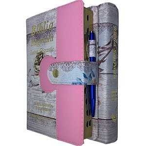Bíblia Letra Gigante Com Botão e Caneta de Brinde - Flores Rosa