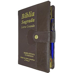 Bíblia Sagrada Letra Grande Índice Lateral Botão e Caneta Capa Marrom