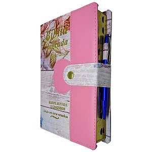 Bíblia Sagrada Letra Grande Índice Lateral Botão e Caneta Capa Flores Rosa