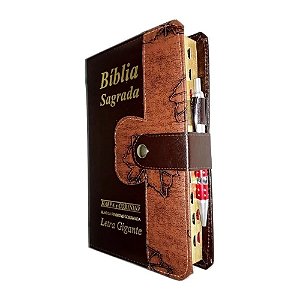 Bíblia Sagrada Letra Gigante - Marrom Folhas Botão e Caneta