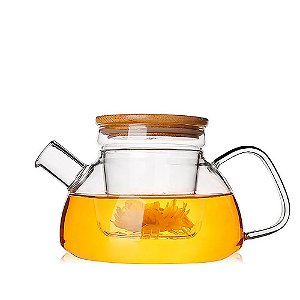 Chaleira Vidro Borosilicato 600ml Infusor Tampa Bambu Zahav