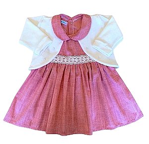 Vestido de Bebê com Bolero com detalhe em Pérola 100% Algodão - Carol