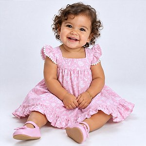 Vestido de Bebê Infantil com Pom Pom 100% Algodão 2 Meses a 6 Anos Maria