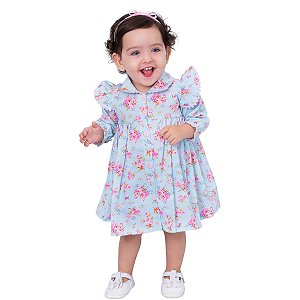 Vestido de Bebê Florido com Manga Longa e Tiara 100% Algodão - ZAYA