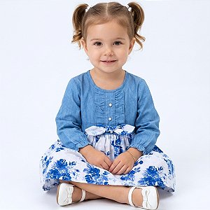 Vestido de Bebê e Infantil Manga Longa Jeans Florido 100% Algodão 2 Meses a 4 Anos Sara