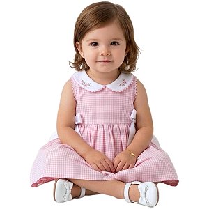 Vestido de Bebê 100% Algodão Xadrez Rosa 2 Meses a 6 Anos Clara