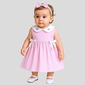 Vestido de Bebê 100% Algodão Xadrez Rosa - Clara