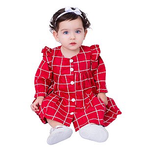 Vestido de Bebê Xadrez Vermelho Manga Longa 100% Algodão com Tiara - Maria Flor