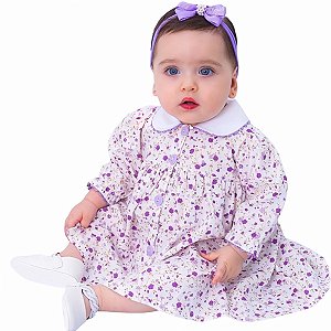 Vestido de Bebê Florido Lilás com Tiara 100% Algodão - Maria Alice