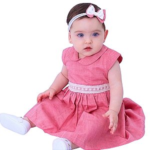 Vestido de Bebê com Detalhe em Pérola e Tiara 100% Algodão - Carol