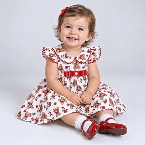 Vestido de Bebê Infantil Menina Estampado Ursinho 100% Algodão 2 Meses até 6 Anos - Laura