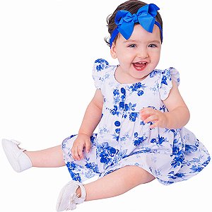 Vestido de Bebê Floral Azul com Tiara 100% Algodão - Rafaela