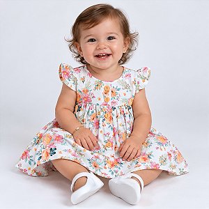 Vestido de Bebê Infantil Toque Macio estiloso Floral Laranja 100% Algodão 2 Meses até 6 Anos Juliana