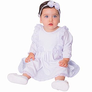 Vestido Bebê Branco Batizado Manga Longa Com Tiara 100% Algodão - Lua