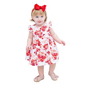 Vestido de Bebê Menina Florido Vermelho Com Tiara 100% Algodão - Raissa