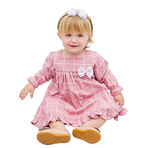 Vestido de Bebê Menina Manga Longa Xadrez Rose com Tiara 100% Algodão Mundo Nina - Larissa