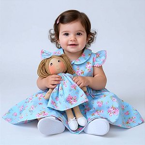 Kit Vestido Bebê e Infantil Menina Estampado Luxo com Boneca de pano Presente 100% Algodão 2 Meses a 6 Anos Maya