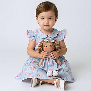 Kit Vestido Bebê e Infantil Menina Estampado Luxo com Boneca de pano Presente 100% Algodão 2 Meses a 6 Anos Maya
