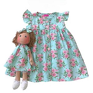 Vestido com Boneca 100% Algodão - Flor