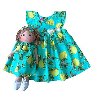 Kit Vestido com Boneca de Pano 100% Algodão Estampa Limão