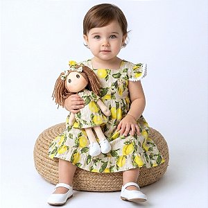 Kit Vestido com Boneca de Pano 100% Algodão Estampa Limão Siciliano