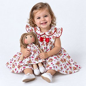 Kit Vestido com Boneca de Pano 100% Algodão Estampado 2 Meses até 4 Anos Laura