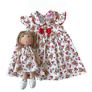 Kit Vestido com Boneca de Pano 100% Algodão Estampa Laura