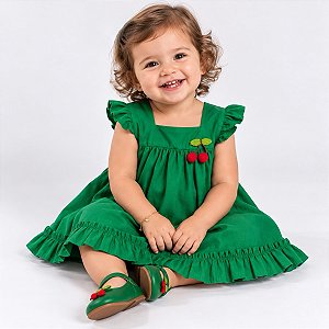 Vestido Bebê e Infantil Verde aplique Cereja 100% Algodão 2 Meses a 6 Anos Mundo Nina