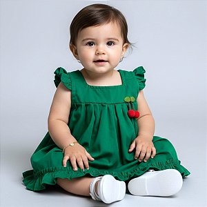Vestido Bebê e Infantil Verde aplique Cereja 100% Algodão Mundo Nina