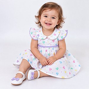 Vestido de Bebê e Infantil Estampa Coração 100% Algodão 2 Meses a 6 Anos Rebeca