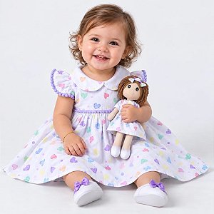 Kit Vestido com Boneca de pano 100% Algodão Rebeca 2 Meses a 4 Anos