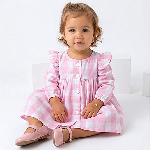 Vestido de Bebê Manga Longa Xadrez Rosa 100% Algodão - Clarisse