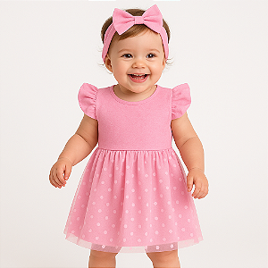 Vestido Bebê Infantil Manga Curta 100% Algodão com Tule e Tiara - Lara