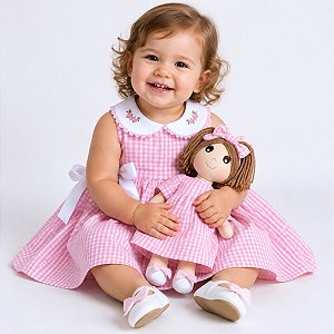 Kit Vestido com Boneca de pano Infantil Xadrez Rosa Conforto Luxo 100% Algodão 2 Meses até 4 Anos Clara