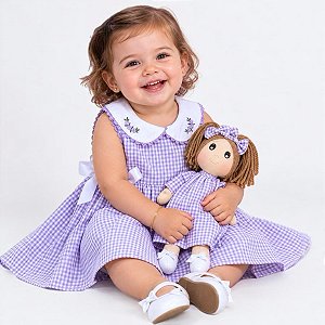Kit Vestido e Infantil com Boneca de Pano 100% Algodão 2 Meses a 6 Anos Barbara