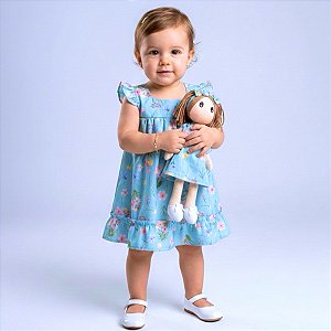 Vestido Bebê e Infantil Aurora em  100% Algodão com Boneca de Pano