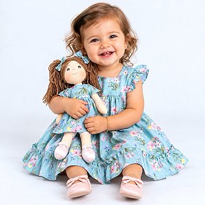 Vestido Bebê e Infantil Aurora em 100% Algodão com Boneca de Pano 2 Meses a 6 Anos