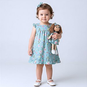Vestido Bebê e Infantil Aurora em 100% Algodão com Boneca de Pano 2 Meses a 6 Anos