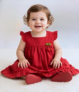 Vestido Bebê Vermelho Luxo Aplique Cereja Manga Curta 100% Algodão Mundo Nina