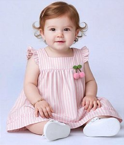 Vestido Bebê e Infantil Listrado Rosa com aplique Cereja 100% Algodão
