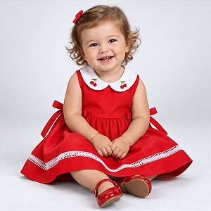Vestido Bebê Menina e Infantil com bordado Cereja gola branca 100% Algodão 2 Meses a 8 Anos Marina