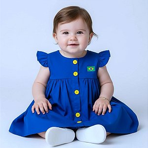 Vestido Bebê e Infantil Azul 100% Algodão - Copa Brasil