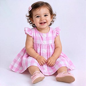 Vestido Bebê Xadrez Rosa Luxo Festa Manga Curta 100% Algodão 2 Meses a 6 Anos Maria Clara