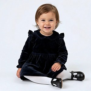 Vestido Bebê Plush Preto Luxo Festa Manga Longa Premium 2 Meses a 6 Anos