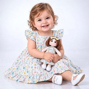 Kit Vestido Bebê Menina Florido Premium com Boneca 100% Algodão Manga Curta