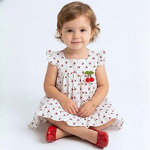 Vestido Bebê Menina 100% Algodão Estampa Cereja 2 Meses a 6 Anos