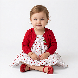 Vestido Bebê Cereja 100% Algodão com Bolero Plush 2 Meses a 6 Anos