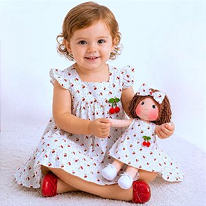 Kit Vestido Bebê Infantil Estampa Cereja com Boneca 2 Meses a 8 Anos BIBI