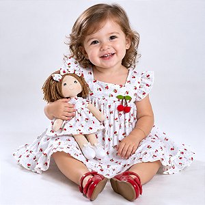 Kit Vestido Bebê Infantil Estampa Cereja com Boneca 2 Meses a 8 Anos BIBI