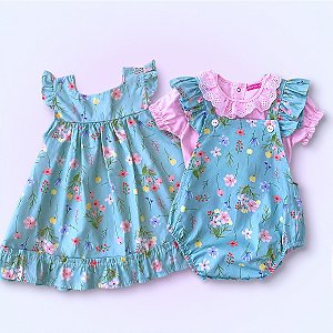 Kit Vestido Jardineira e Blusinha Premium 3 Peças 2 Meses a 1 Ano 100% Algodão - Aurora